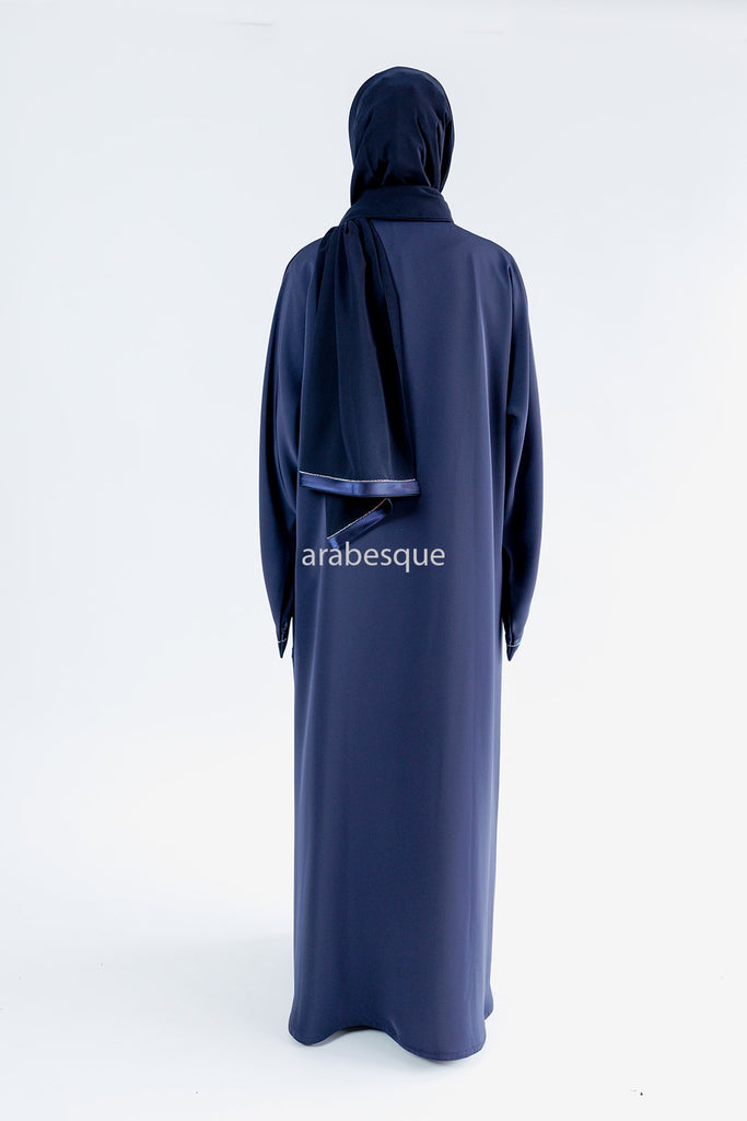 Navy Open Abaya – Luxury Nidha Fabric with Dark Satin Trim