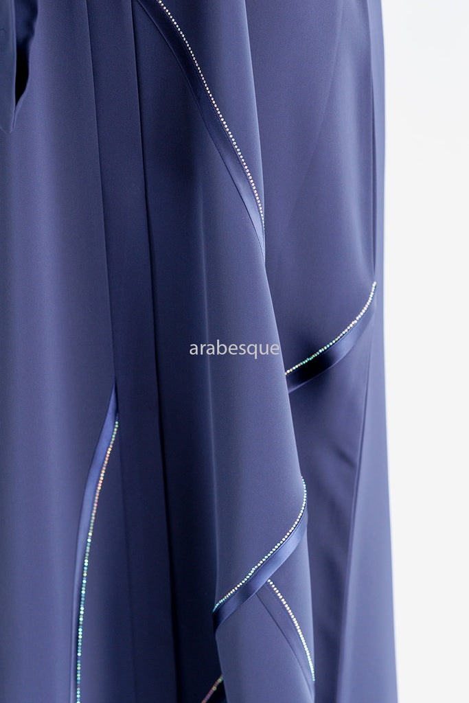 Navy Open Abaya – Luxury Nidha Fabric with Dark Satin Trim