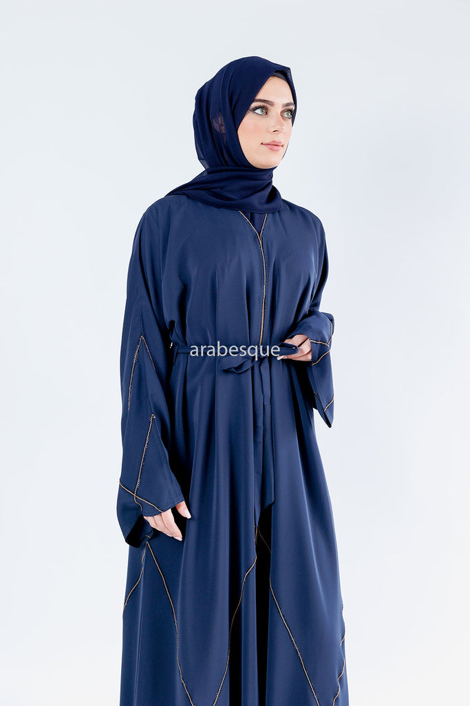 Navy Open Abaya – Luxury Geometric Diamante Stitch Design
