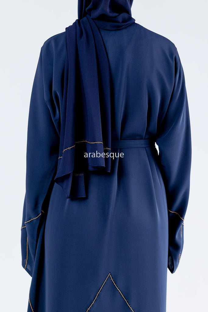 Navy Open Abaya – Luxury Geometric Diamante Stitch Design