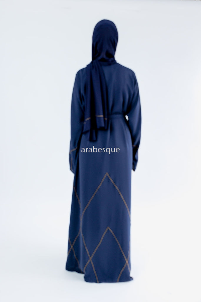 Navy Open Abaya – Luxury Geometric Diamante Stitch Design