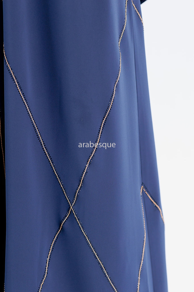 Navy Open Abaya – Luxury Geometric Diamante Stitch Design