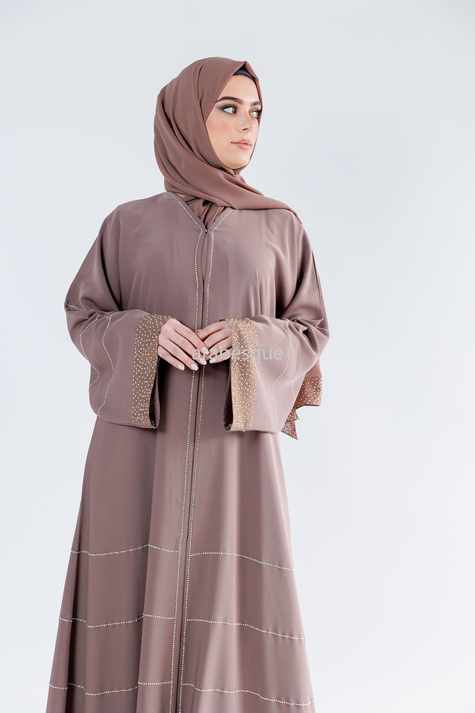 Blush Open Abaya – Luxury Nidha Design with Gold Stone Embellishment