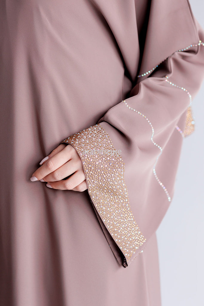 Blush Open Abaya – Luxury Nidha Design with Gold Stone Embellishment