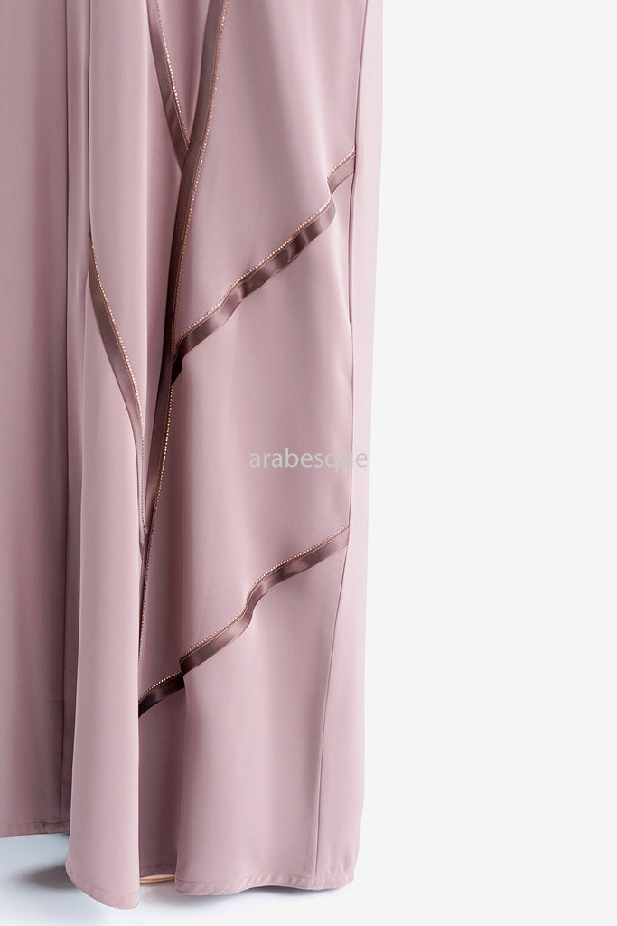 Mink Open Abaya – Luxury Nidha Fabric with Dark Satin Trim