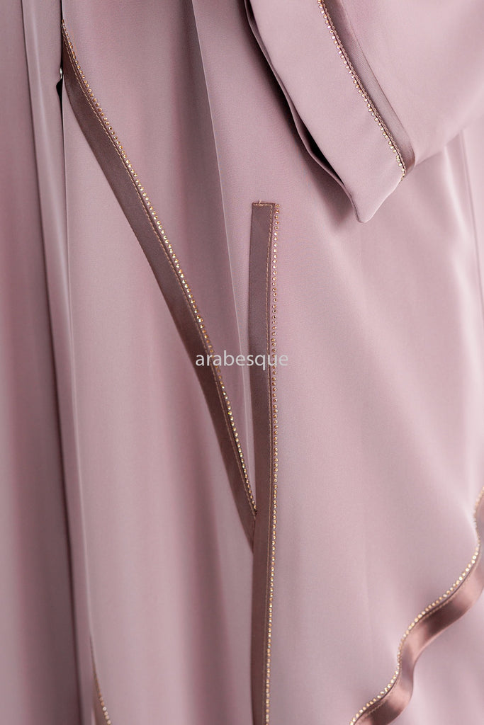 Mink Open Abaya – Luxury Nidha Fabric with Dark Satin Trim