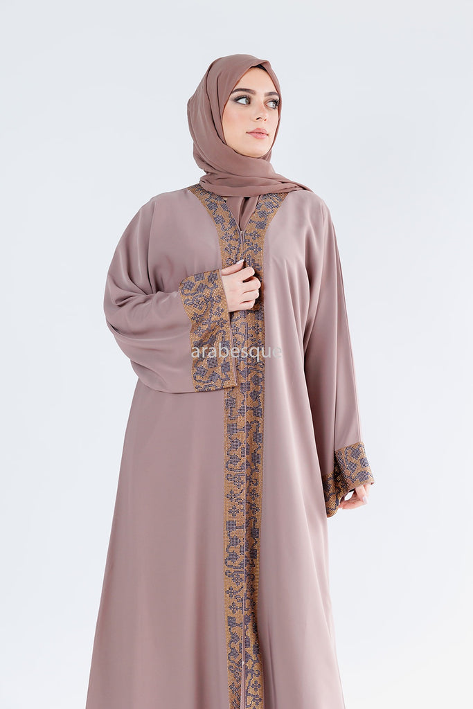 Blush Open Abaya – Luxury Patterned Embellishment in Gold and Dark Grey