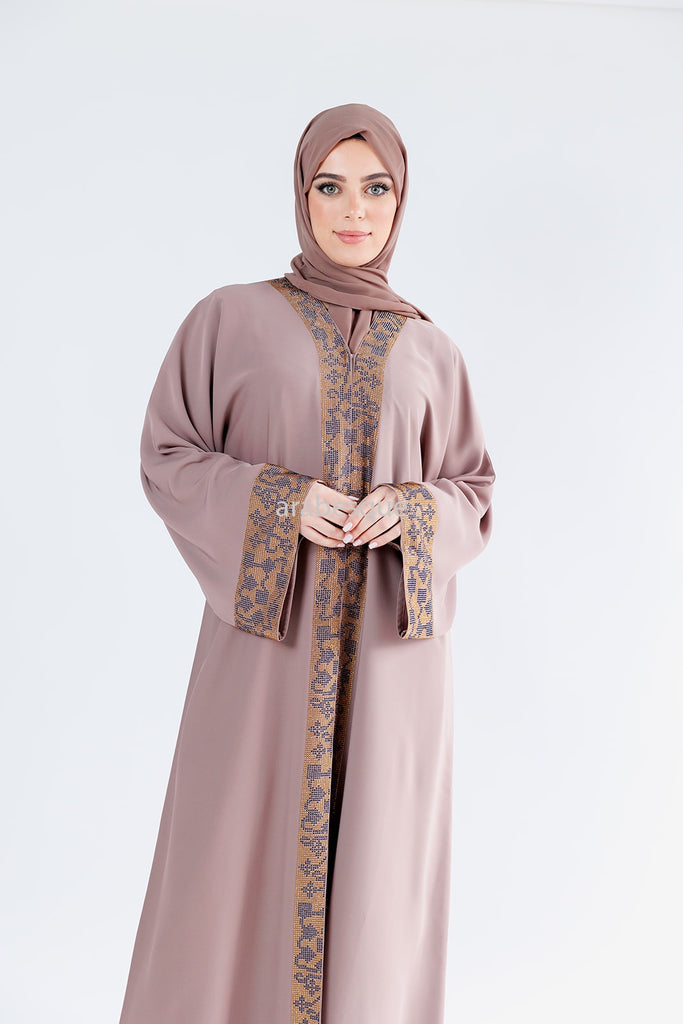Blush Open Abaya – Luxury Patterned Embellishment in Gold and Dark Grey