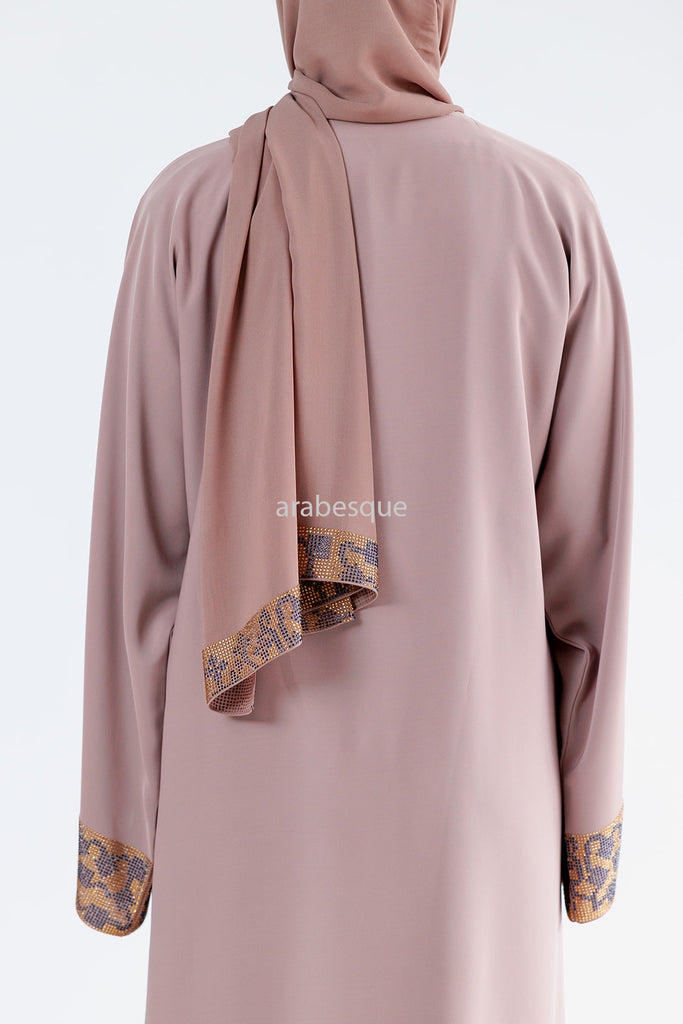 Blush Open Abaya – Luxury Patterned Embellishment in Gold and Dark Grey