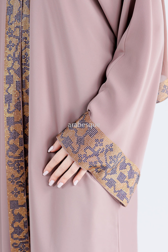 Blush Open Abaya – Luxury Patterned Embellishment in Gold and Dark Grey
