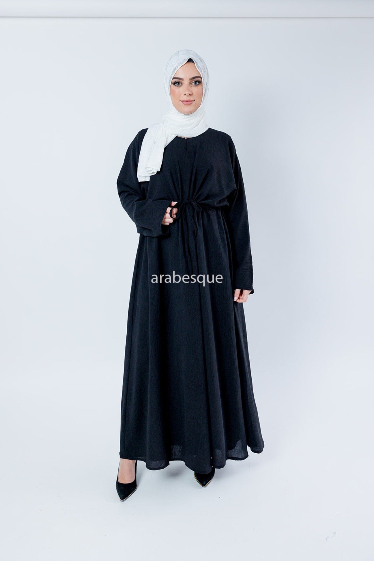 Crushed Polyester Plain Draw String Closed Abaya - 10 Colours