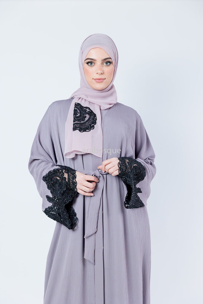 Lilac Open Abaya – Luxury Black Embroidered Lace Design