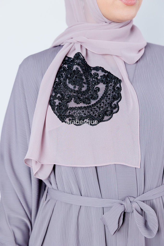 Lilac Open Abaya – Luxury Black Embroidered Lace Design