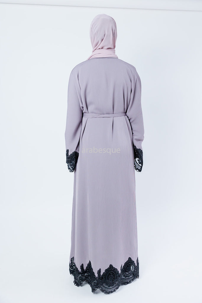 Lilac Open Abaya – Luxury Black Embroidered Lace Design