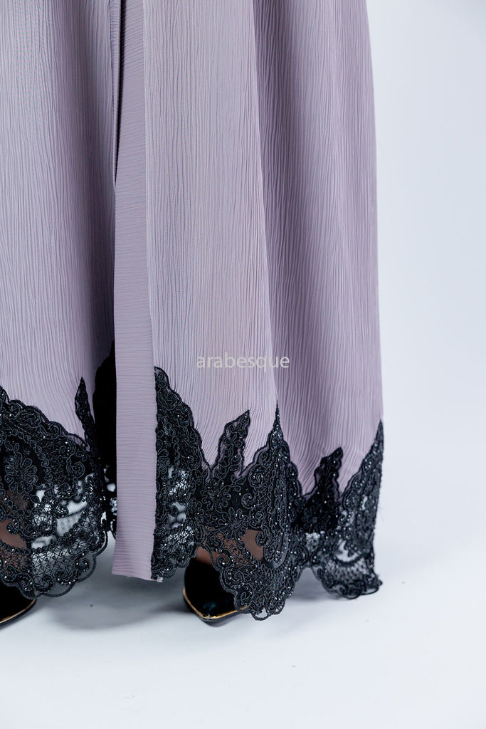 Lilac Open Abaya – Luxury Black Embroidered Lace Design