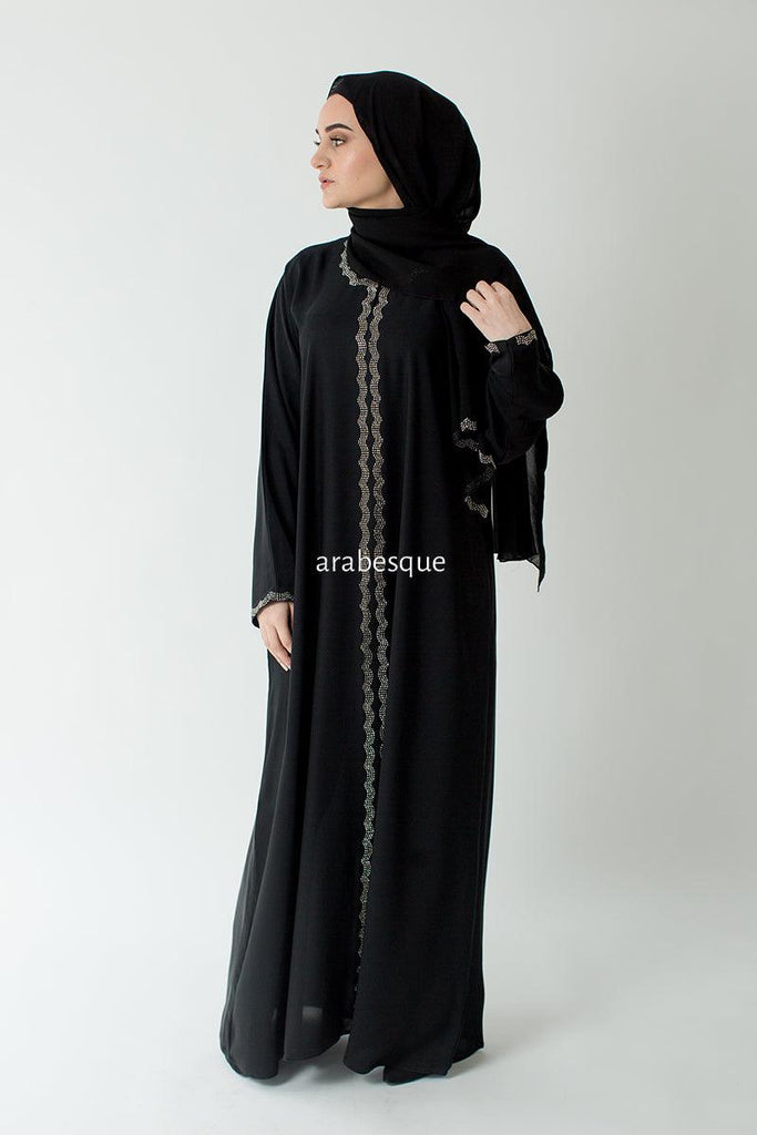 Black Closed Abaya – Silver Diamante Border Design