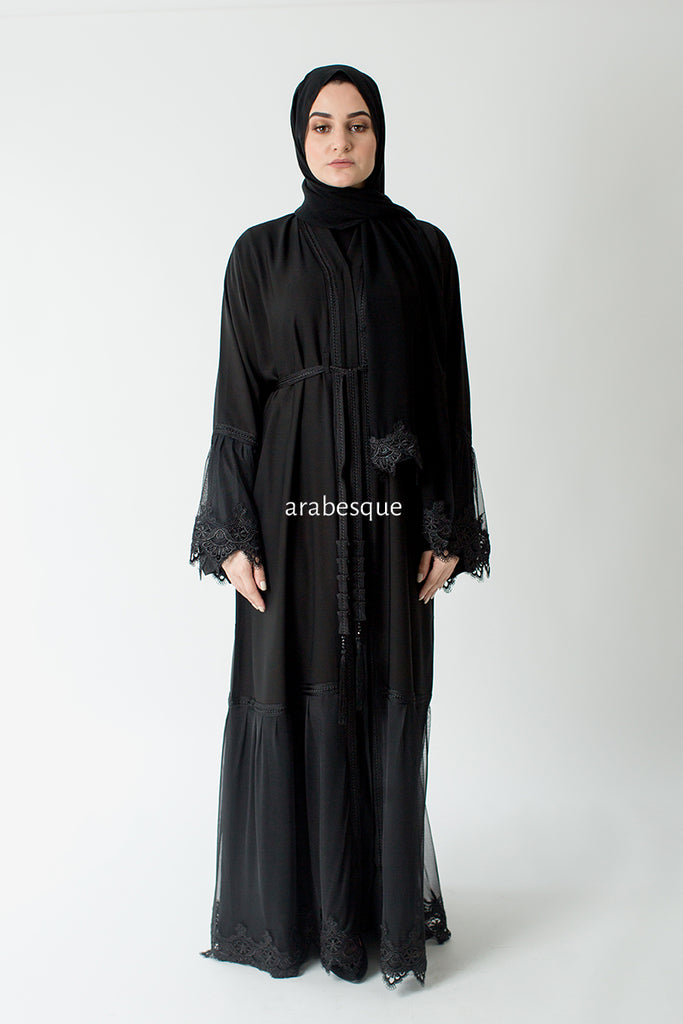 Black Open Abaya – Lace and Net Panel Detailing