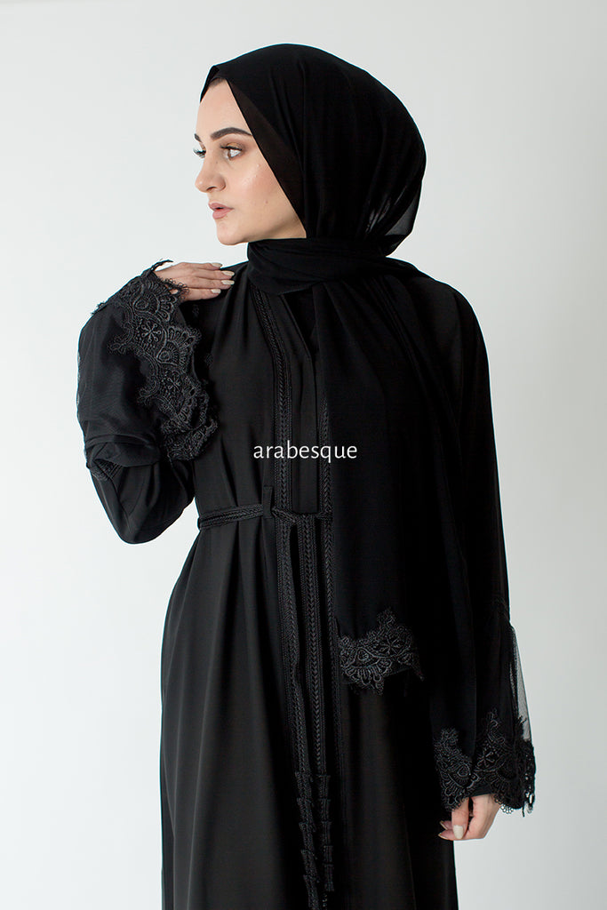 Black Open Abaya – Lace and Net Panel Detailing