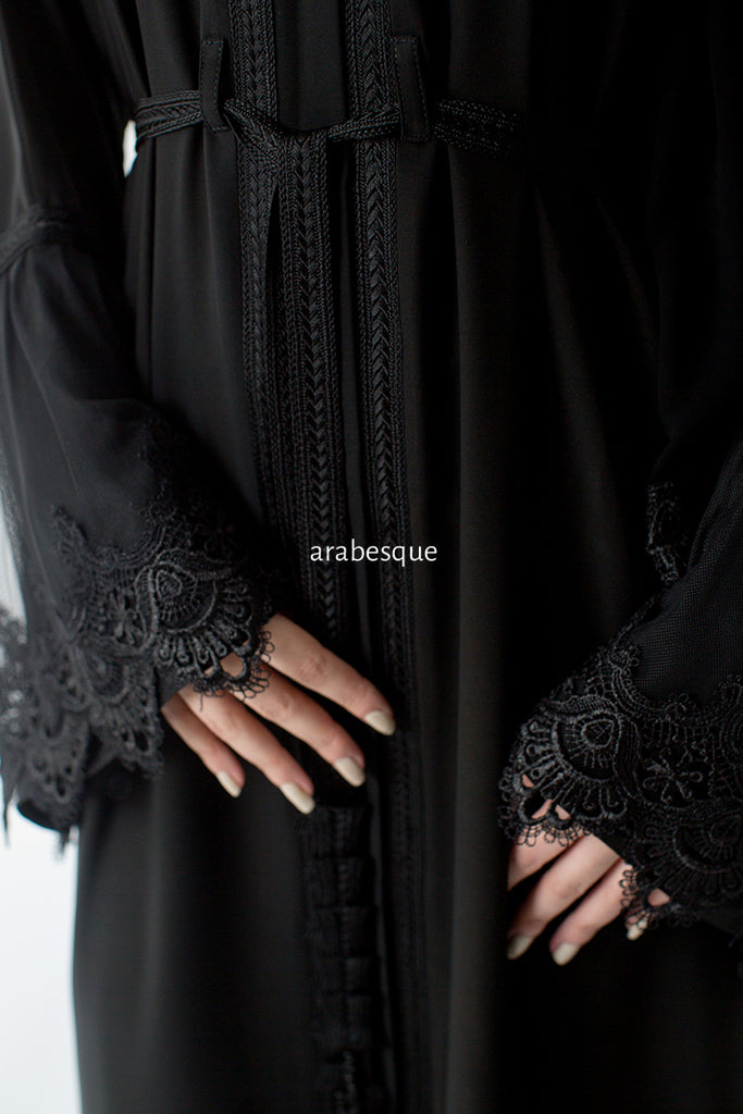 Black Open Abaya – Lace and Net Panel Detailing