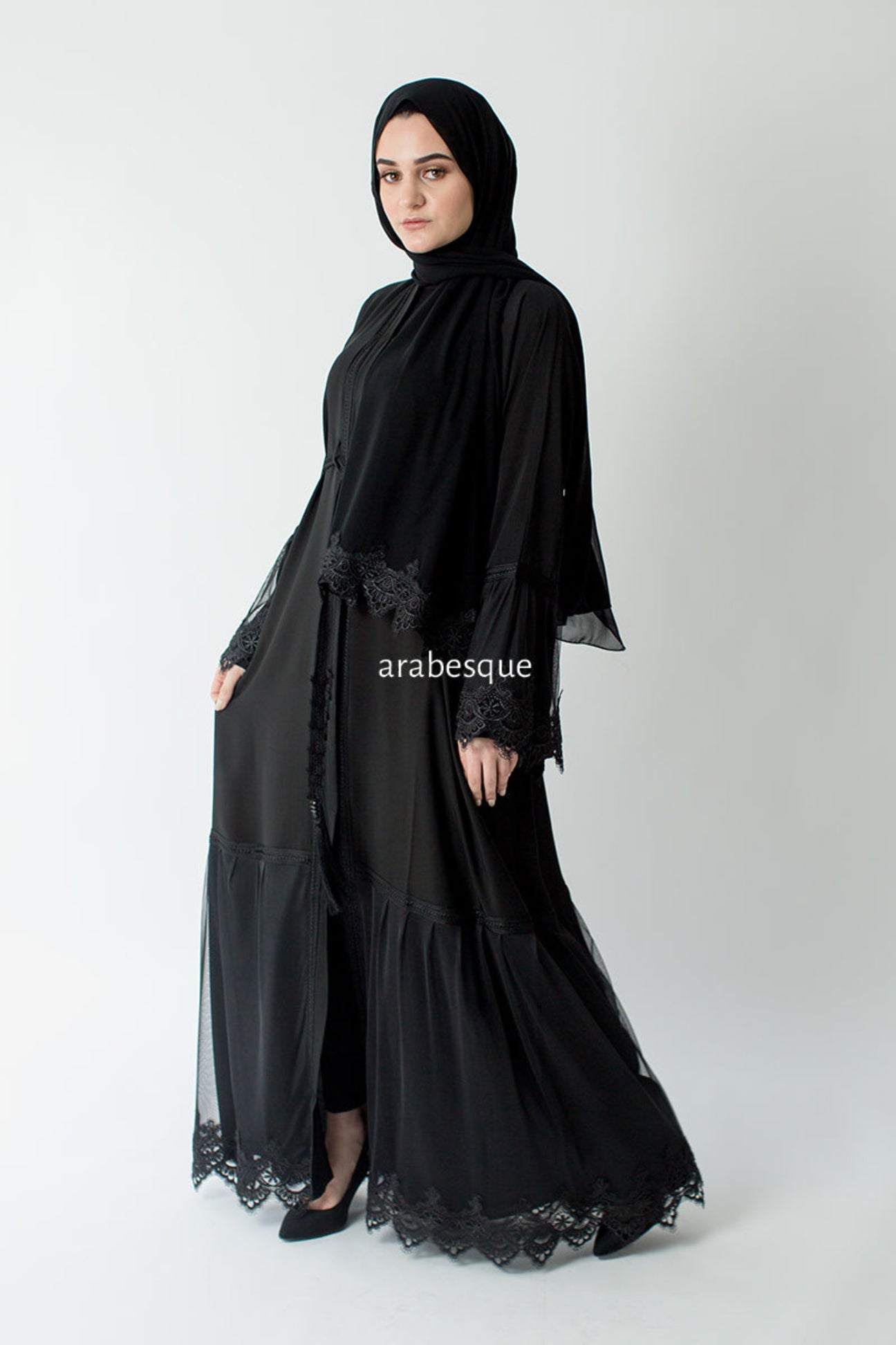 Black Open Abaya with Lace Detailing