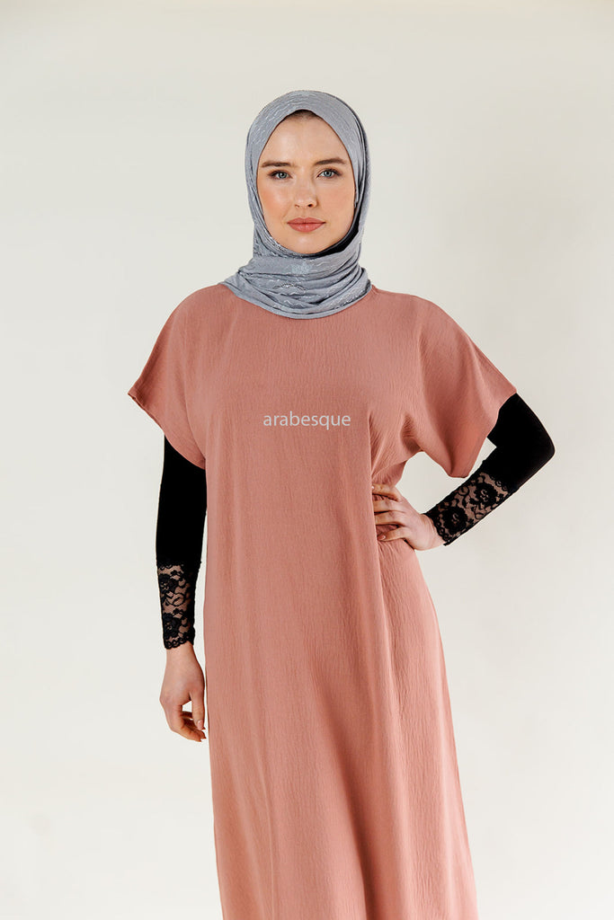 Dusty Pink Crushed Polyester Short Sleeved Dress