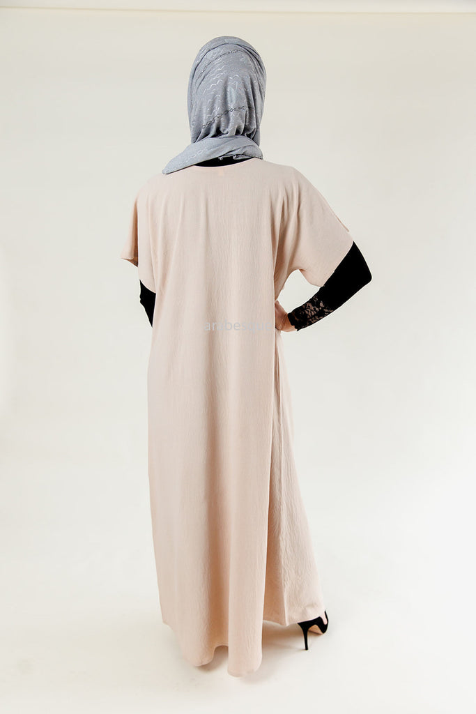 Beige Crushed Polyester Short Sleeved Dress