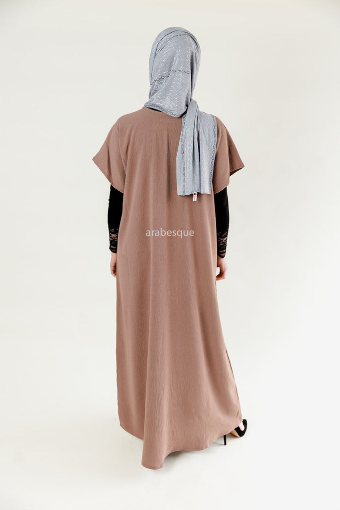 Pastel Brown Crushed Polyester Short Sleeved Dress