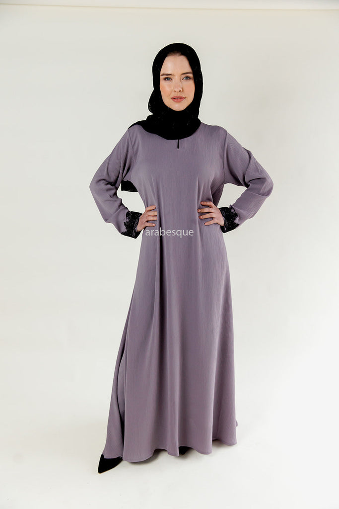 Lilac Closed Abaya – Textured Umbrella Cut Design with Lace Detail