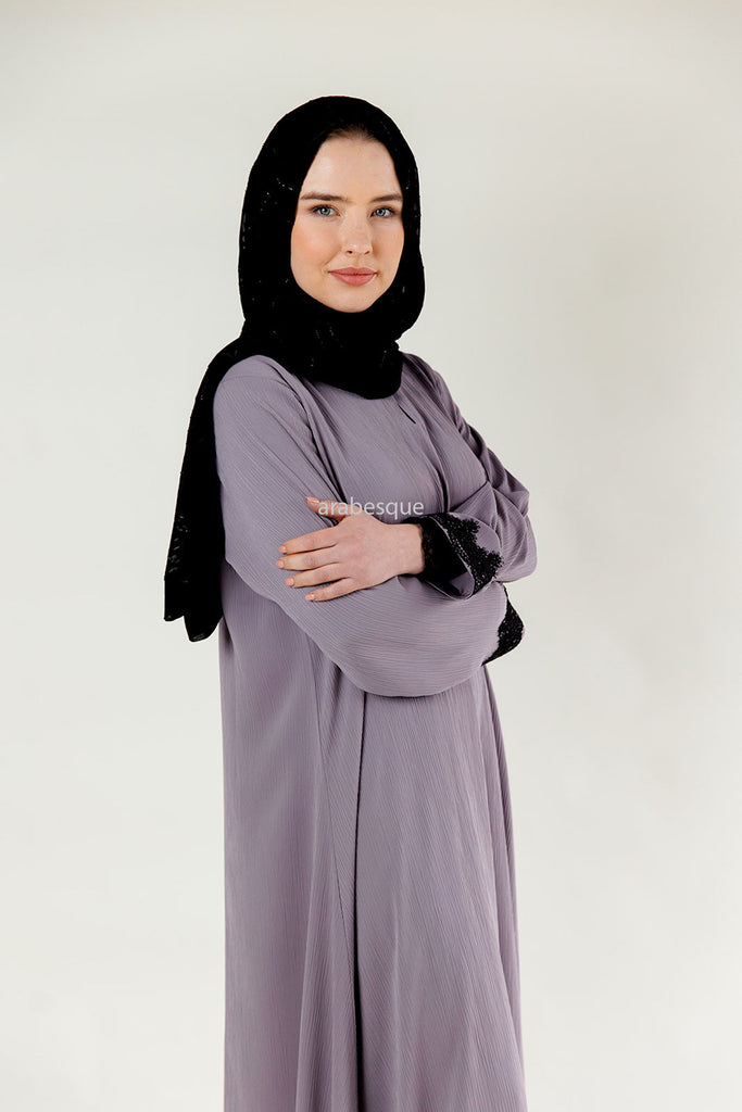 Lilac Closed Abaya – Textured Umbrella Cut Design with Lace Detail