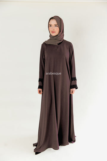 Dark Mink Lace Detail Umbrella Cut Textured Closed Abaya