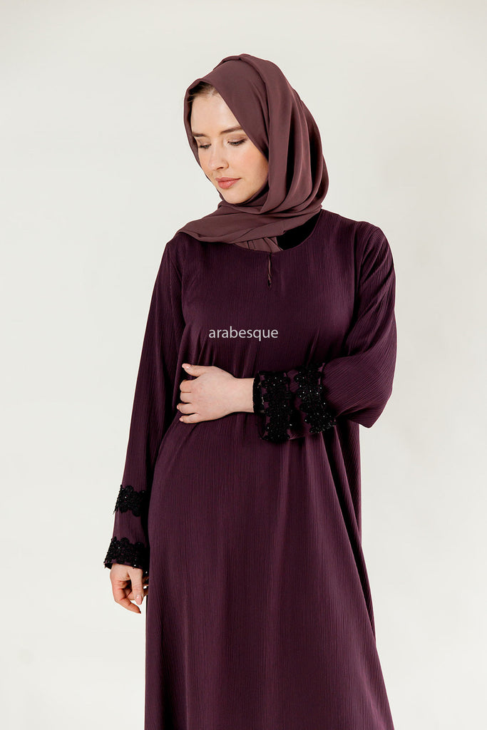 Dark Purple Closed Abaya – Textured Umbrella Cut Design with Lace Detail