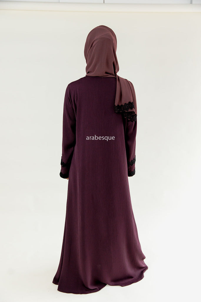 Dark Purple Closed Abaya – Textured Umbrella Cut Design with Lace Detail