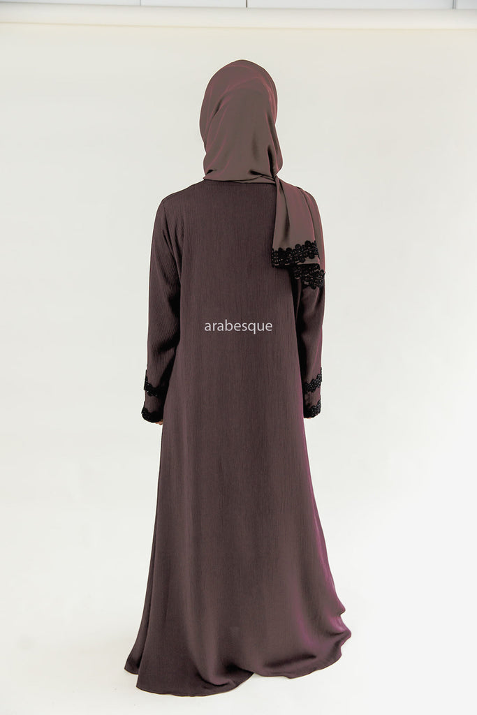 Dark Mink Closed Abaya – Textured Umbrella Cut Design with Lace Detail