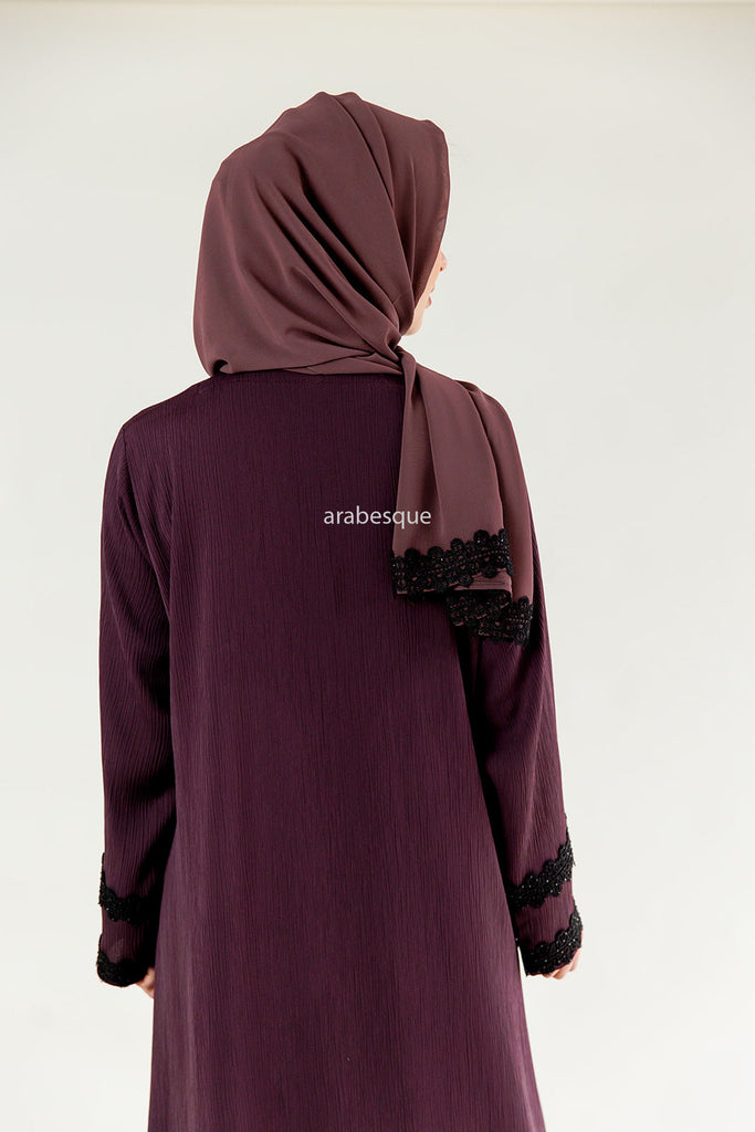 Dark Purple Closed Abaya – Textured Umbrella Cut Design with Lace Detail