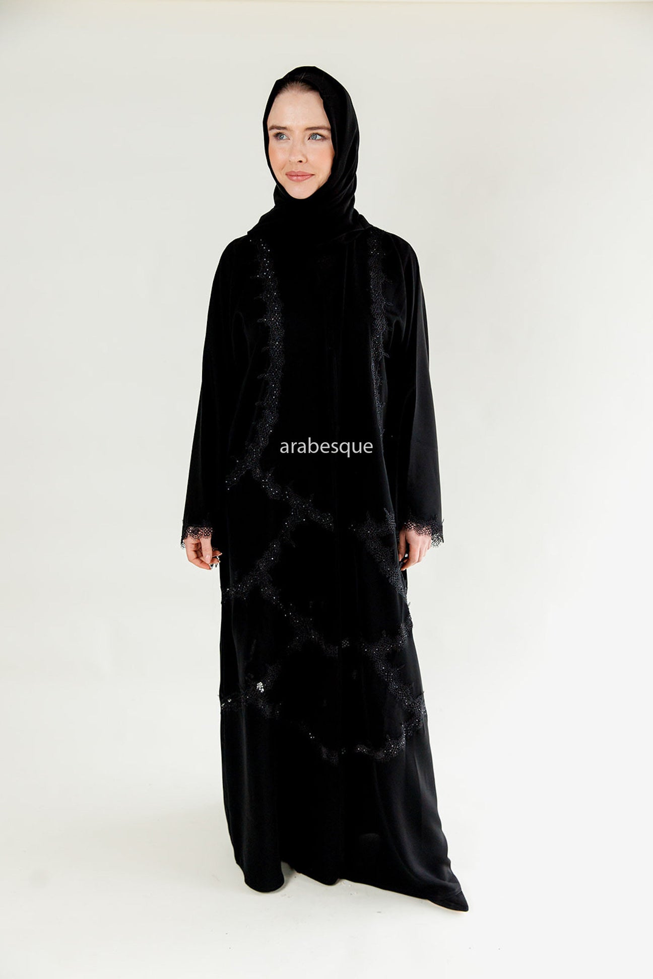 Black Luxury Open Abaya with Lace Embellishment