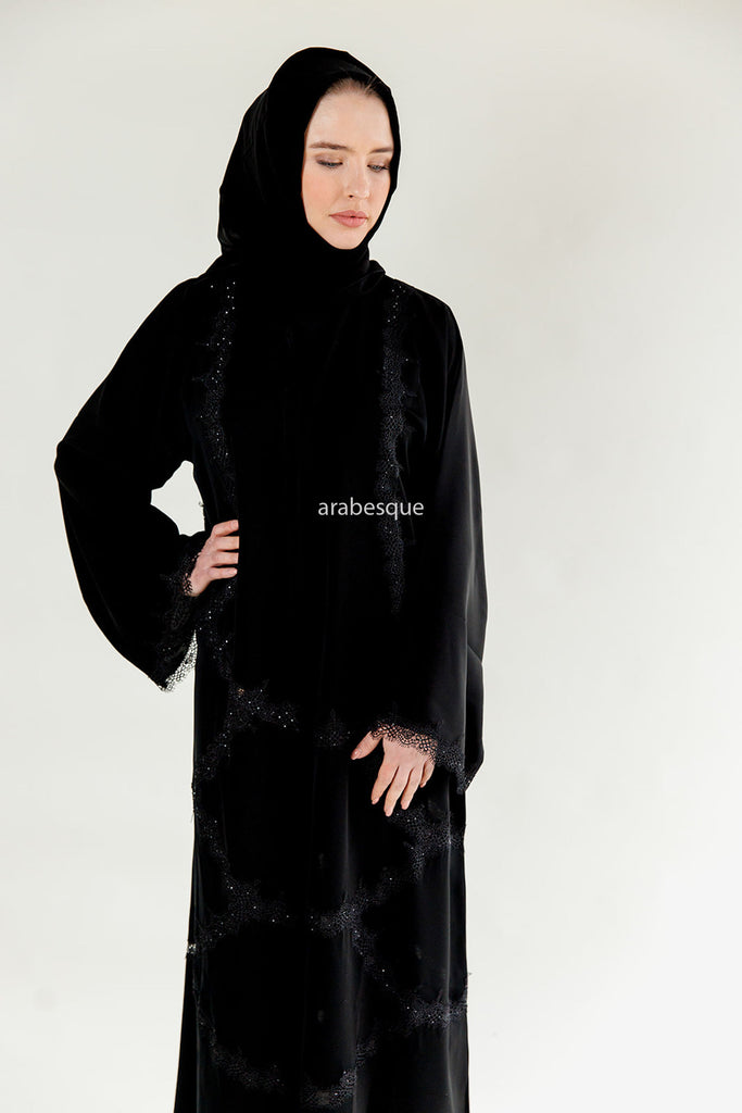 Black Open Abaya – Luxury Lace Embellished Design