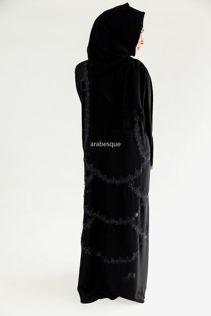 Black Open Abaya – Luxury Lace Embellished Design