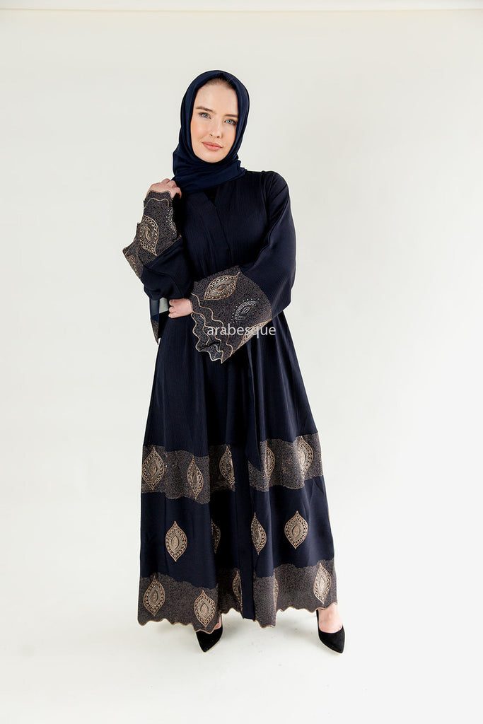 Navy Abaya – Gold Leaf Embroidery with Intricate Sleeve and Hem Detailing