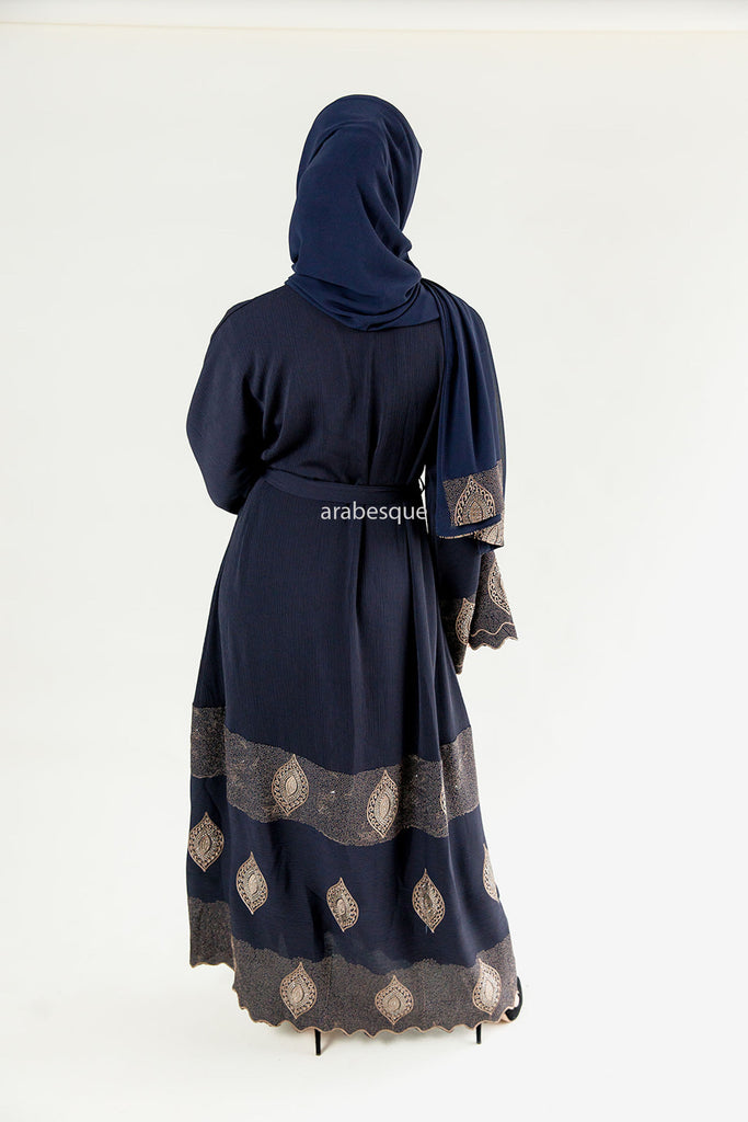 Navy Abaya – Gold Leaf Embroidery with Intricate Sleeve and Hem Detailing