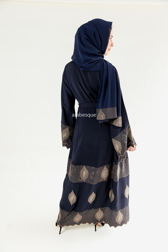 Navy Abaya – Gold Leaf Embroidery with Intricate Sleeve and Hem Detailing