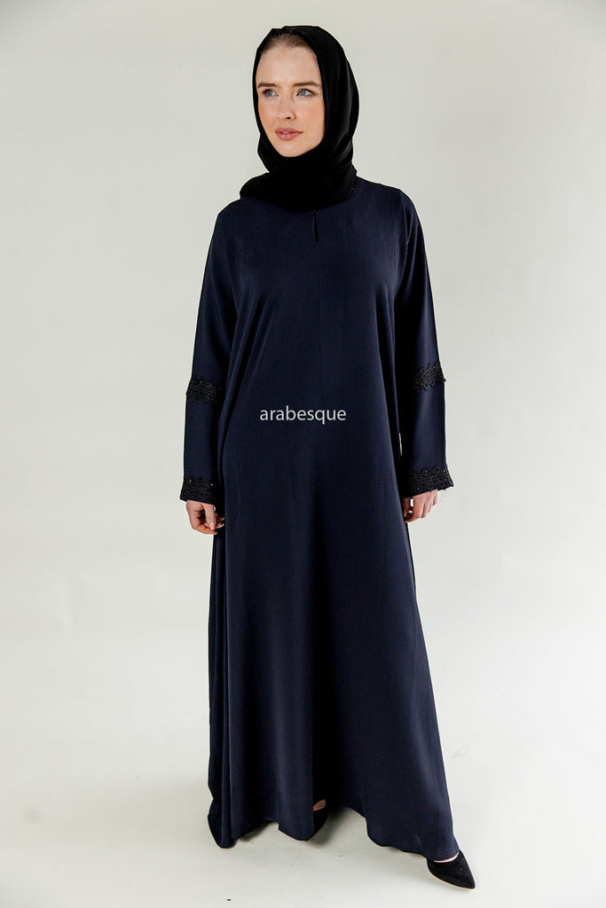 Navy Closed Abaya – Textured Umbrella Cut Design with Lace Detail