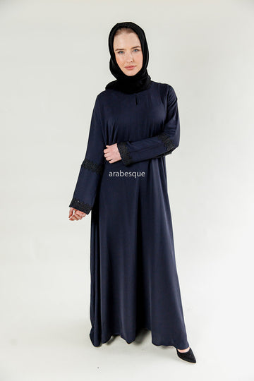 Navy Lace Detail Umbrella Cut Textured Closed Abaya