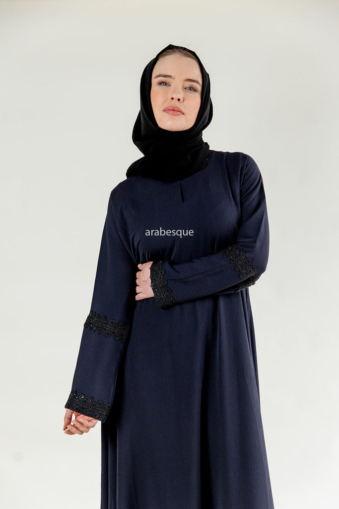 Navy Closed Abaya – Textured Umbrella Cut Design with Lace Detail
