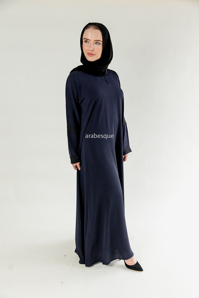 Navy Closed Abaya – Textured Umbrella Cut Design with Lace Detail