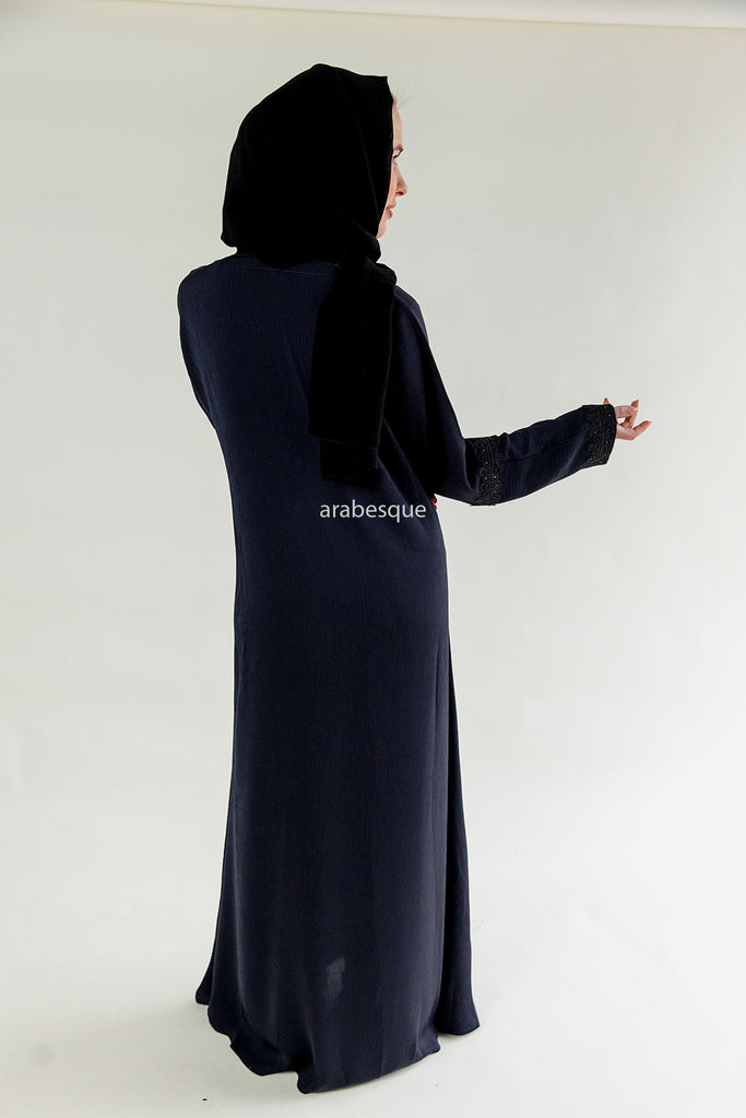 Navy Closed Abaya – Textured Umbrella Cut Design with Lace Detail
