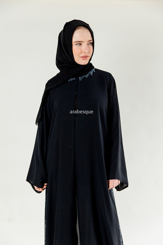Black Chiffon Open Abaya with Blue Stitched Glass Beads