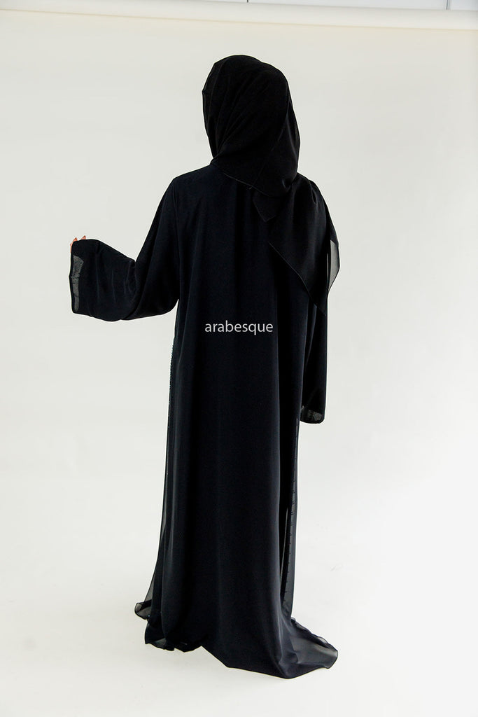 Black Chiffon Open Abaya with Blue Stitched Glass Beads