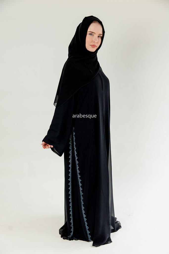 Black Chiffon Open Abaya with Blue Stitched Glass Beads