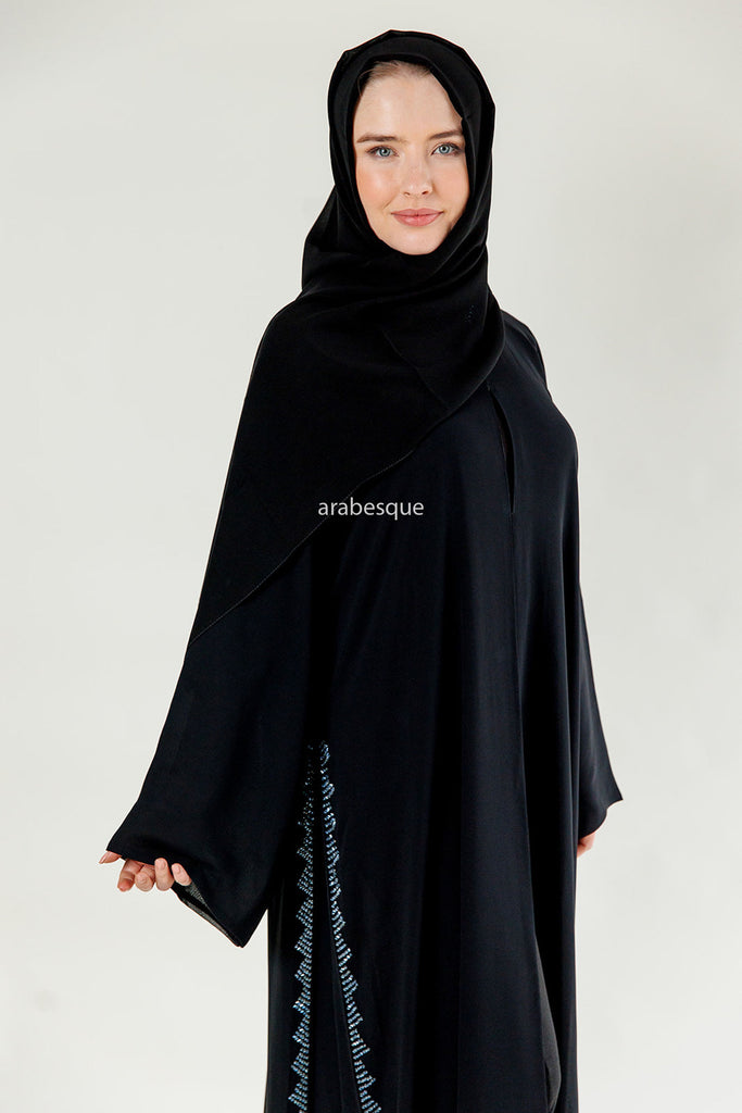 Black Chiffon Open Abaya with Blue Stitched Glass Beads