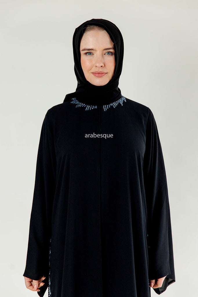 Black Chiffon Open Abaya with Blue Stitched Glass Beads